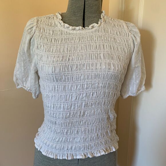 RE-IMAGINED by J. Crew White Smocked Puff Sleeve Textured Top Tee Swiss Dot XS - Picture 1 of 6